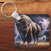 Porte-clés Bison et loup dans un orage avec éclair (Recto)