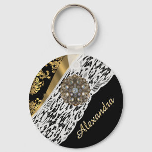 Porte-clés Black and gold damask white lace crystal