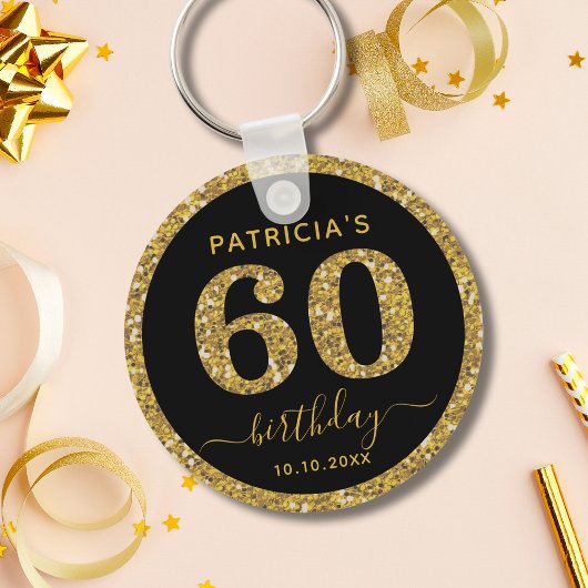 Porte-clés Black And Gold Glitter 60th Birthday Party Favor  