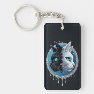 Porte-clés Black and White Cat Split Portrait With Blue Eyes