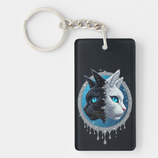 Porte-clés Black and White Cat Split Portrait With Blue Eyes (Devant)