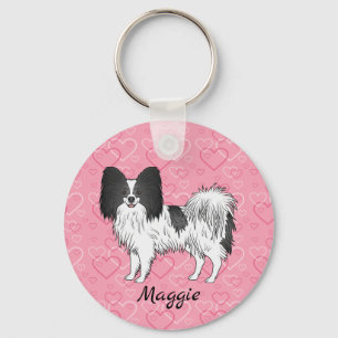 Porte-clés Black And White Papillon Cute Dog On Pink Hearts