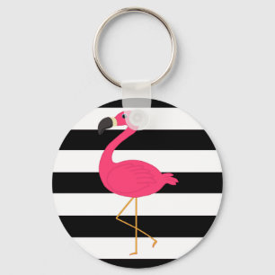 Porte-clés Black and White Stripe Pink Flamingo