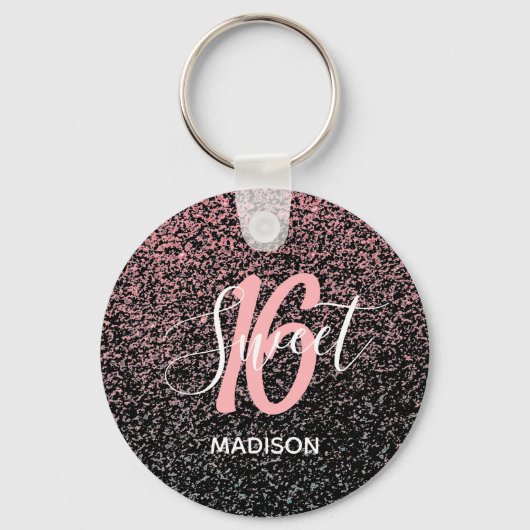 Porte-clés Black Blush Pink Glitter Sweet 16 Name Party Favor (Recto)