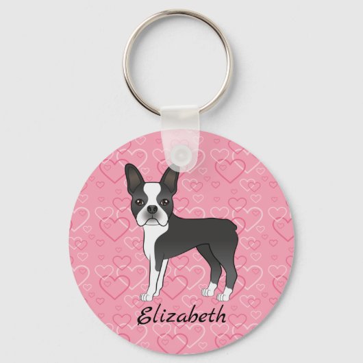 Porte-clés Black Boston Terrier Chien Sur Coeur Rose Et Nom (Recto)