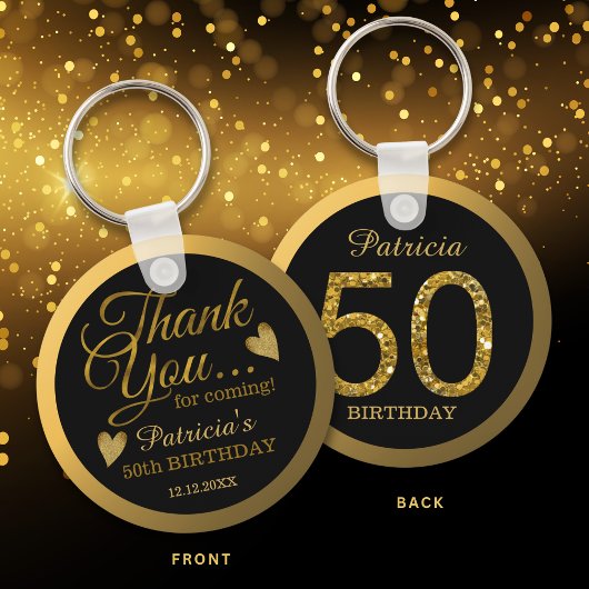 Porte-clés Black & Gold Glitter 50th Birthday Party Thank You