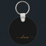 Porte-clés Black Gold Modern Script Girl Monogramme Nom<br><div class="desc">Noir et or Simple Script Monogramme Nom Clés (Porte - clé). Cela rend le cadeau parfait pour 16 ans,  mariage,  douche nuptiale,  anniversaire,  baby shower ou bachelorette pour quelqu'un qui aime le luxe glam et les styles chic.</div>
