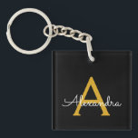 Porte-clés Black Gold Modern Script Girl Monogramme Nom<br><div class="desc">Noir et or Simple Script Monogramme Nom Porte - clé. Cela rend le cadeau parfait pour 16 ans,  mariage,  douche nuptiale,  anniversaire,  baby shower ou bachelorette pour quelqu'un qui aime le luxe glam et les styles chic.</div>