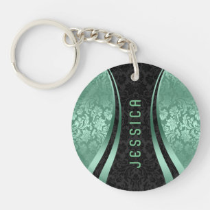 Porte-clés Black & motifs floraux vert menthe en style damass
