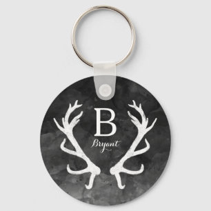 Porte-clés Black Watercolor and Rustic Deer Antlers Monogram