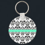 PORTE-CLÉS BLACK WHITE DAMASK FLORAL AQUA BLUE TEAL STRIPE<br><div class="desc">Elegant and classy damask design by Bulgan Lumini (c) .</div>