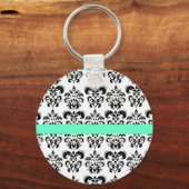 PORTE-CLÉS BLACK WHITE DAMASK FLORAL AQUA BLUE TEAL STRIPE (Recto)