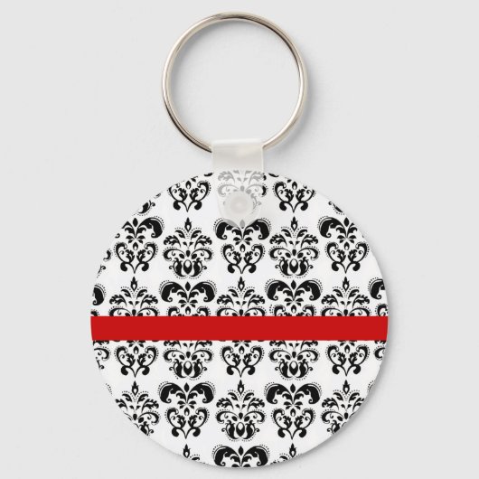 PORTE-CLÉS BLACK WHITE DAMASK FLORAL RED STRIPE (Recto)