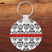 PORTE-CLÉS BLACK WHITE DAMASK FLORAL RED STRIPE (Recto)