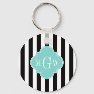 Porte-clés Black White Stripe Turquoise Quatrefoil