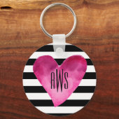 Porte-clés Black + White Stripes Aquarelle Monogramme du coeu (Recto)