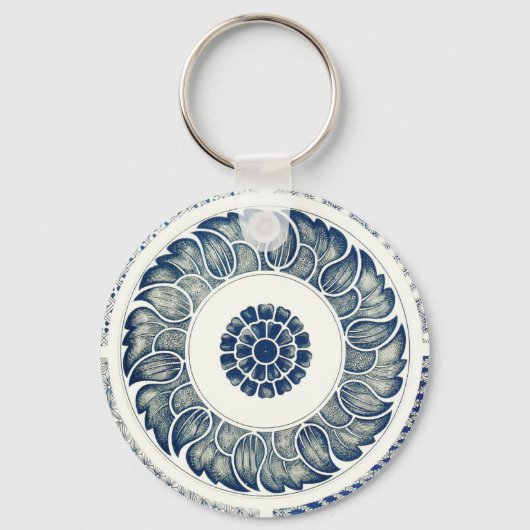 Porte-clés Blanc bleu Floral chinois rond (Recto)