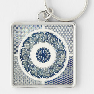 Porte-clés Blanc bleu Floral chinois rond