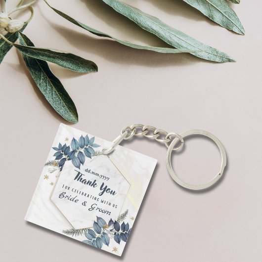 Porte-clés Blanc Bleu Floral Merci mariage Faveurs