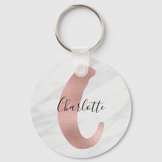 Porte-clés Blanc Chic & Marbre Gris Rose Or Monogramme Nom (Recto)