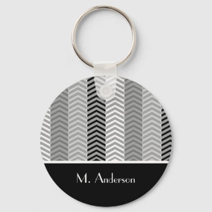 Porte-clés Blancs de Chevron Noir Contemporain Stripes et Nom