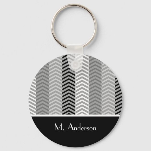 Porte-clés Blancs de Chevron Noir Contemporain Stripes et Nom (Recto)