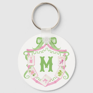 Porte-clés Blason de monogramme de mahjong à arc rose et vert