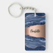 Porte-clés Bleu agate marbre rose or nom script (Devant)
