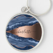 Porte-clés Bleu agate marbre rose or nom script (Devant)