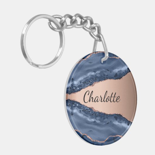 Porte-clés Bleu agate marbre rose or nom script (Devant gauche)