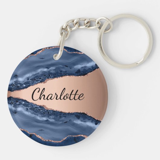 Porte-clés Bleu agate marbre rose or nom script (Dos)