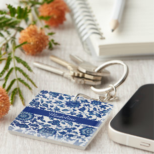 Porte-clés Bleu Blanc Fleur Sauvage Français Chinoiserie