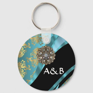 Porte-clés Bleu d'Aqua et cristal de faux de damassé d'or