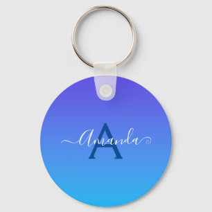 Porte-clés Bleu dégradé élégant Monogramme et nom