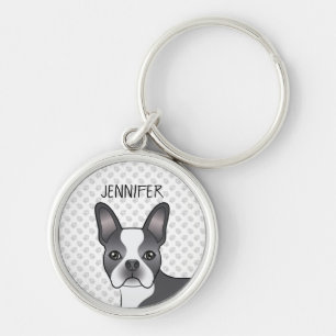 Porte-clés Bleu Et Blanc Boston Terrier Dessin Chien Et Nom