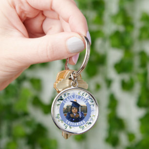 Porte-clés Bleu Floral Rose Graduation Photo
