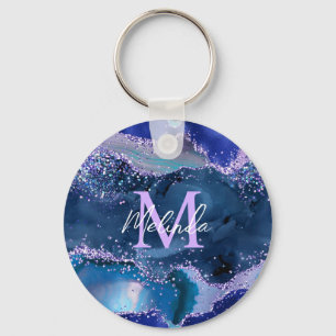 Porte-clés Bleu foncé et violet Parties scintillant Agate océ