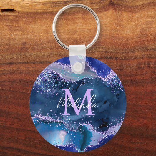 Porte-clés Bleu foncé et violet Parties scintillant Agate océ (Verso)