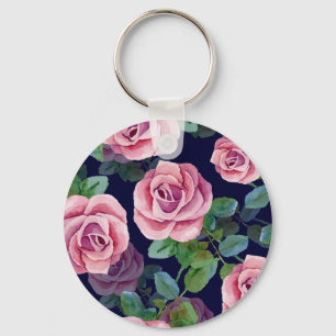 Porte-clés Bleu foncé, Roses Roses Rose Aquarelle.