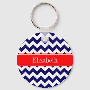 Porte-clés Bleu marine blanc chevron zig zag rouge nom monogr