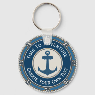 Porte-clés Bleu Marine et Beige Rond avec Boussole Côtière