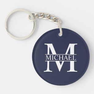 Porte-clés Bleu marine Monogramme personnalisé et nom