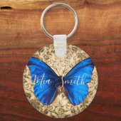 Porte-clés Bleu monarque papillon damassé nom personnel (Recto)