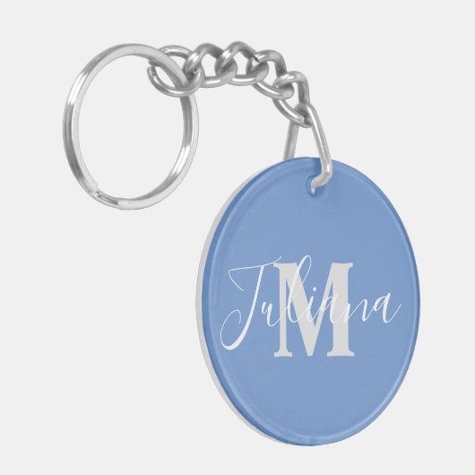Porte-clés bleu monogrammé Simple Gray Script (Devant gauche)