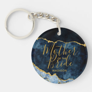 Porte-clés Bleu Nuit et Or Feuille d'Agate Mère de la Mariée