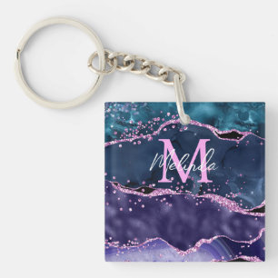 Porte-clés Bleu Nuit et Paillettes Violettes Agate Océan