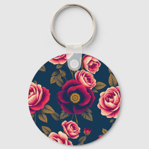 Porte-clés Bleu Nuit Floral Vintage Coraux Roses Feuilles Dor