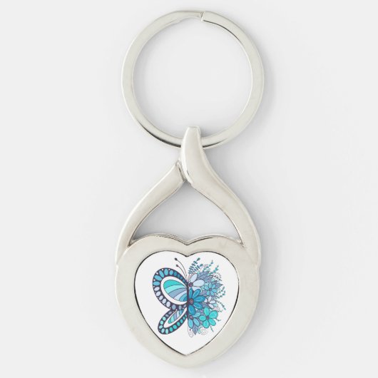 Porte-clés Bleu Papillon Fleur Coeur Clavier (Devant)
