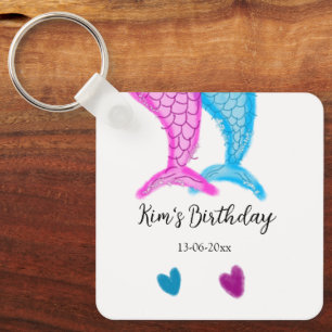 Porte-clés bleu rose sirène aquarelle ajouter nom anniversair