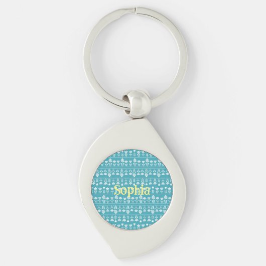 Porte-clés Bleu scandinave avec fleurs blanches Editable (Devant)